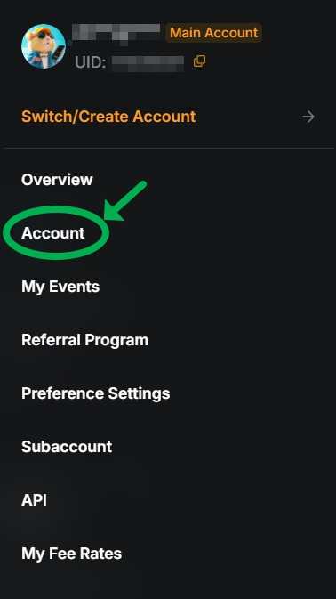 Bybit account menu